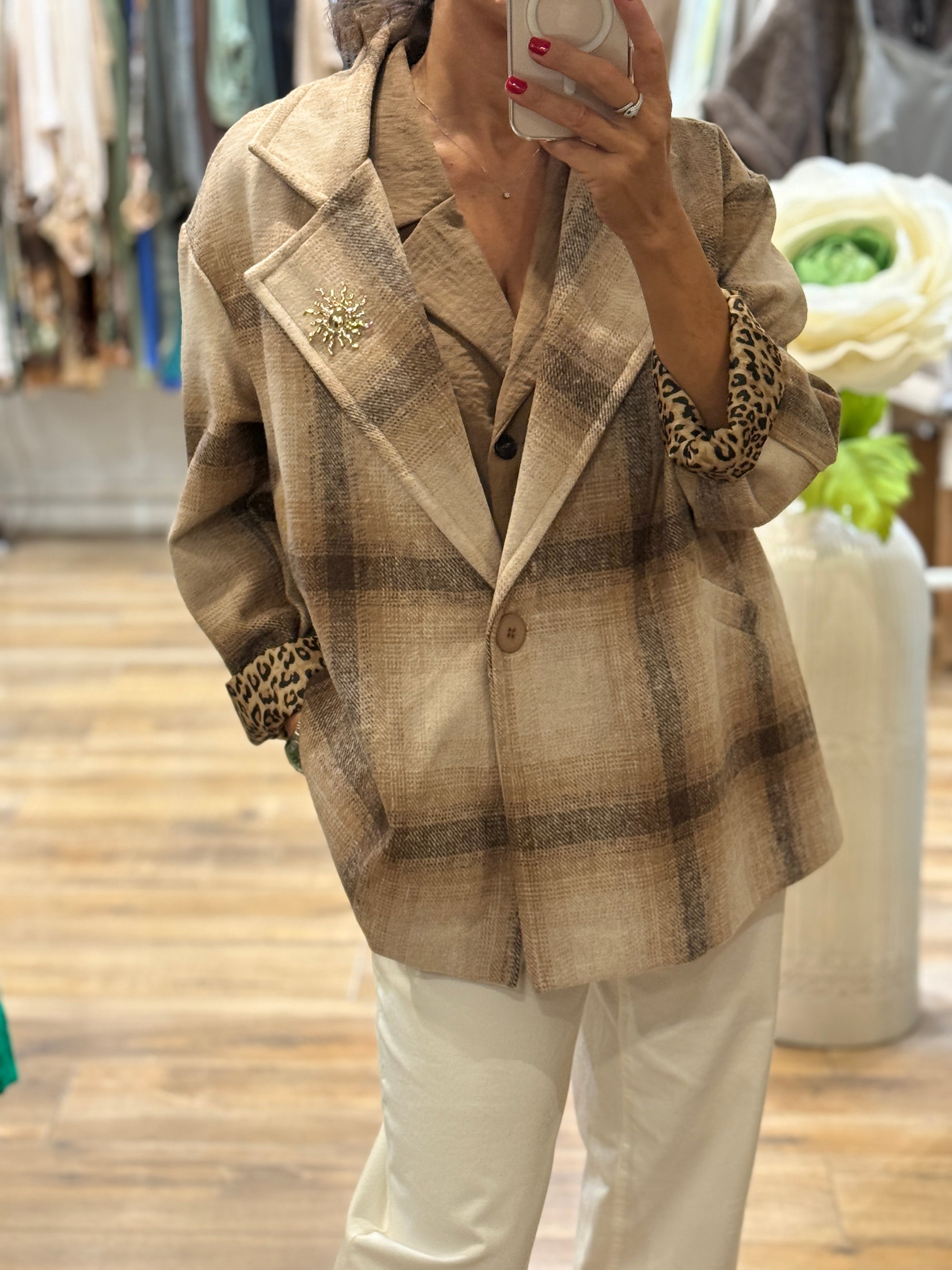 VESTE OVERSIZE A CARREAUX BEIGE