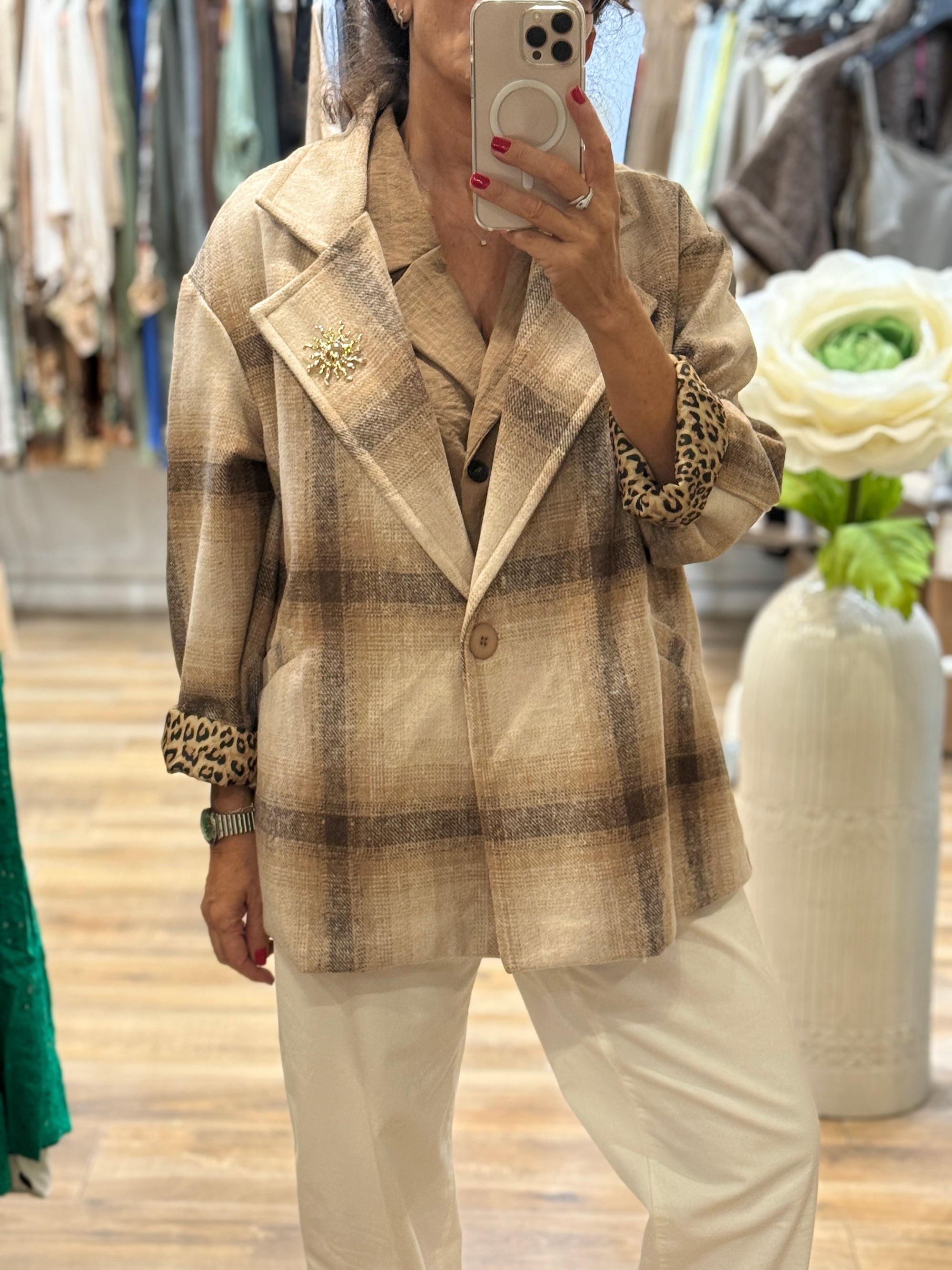 VESTE OVERSIZE A CARREAUX BEIGE