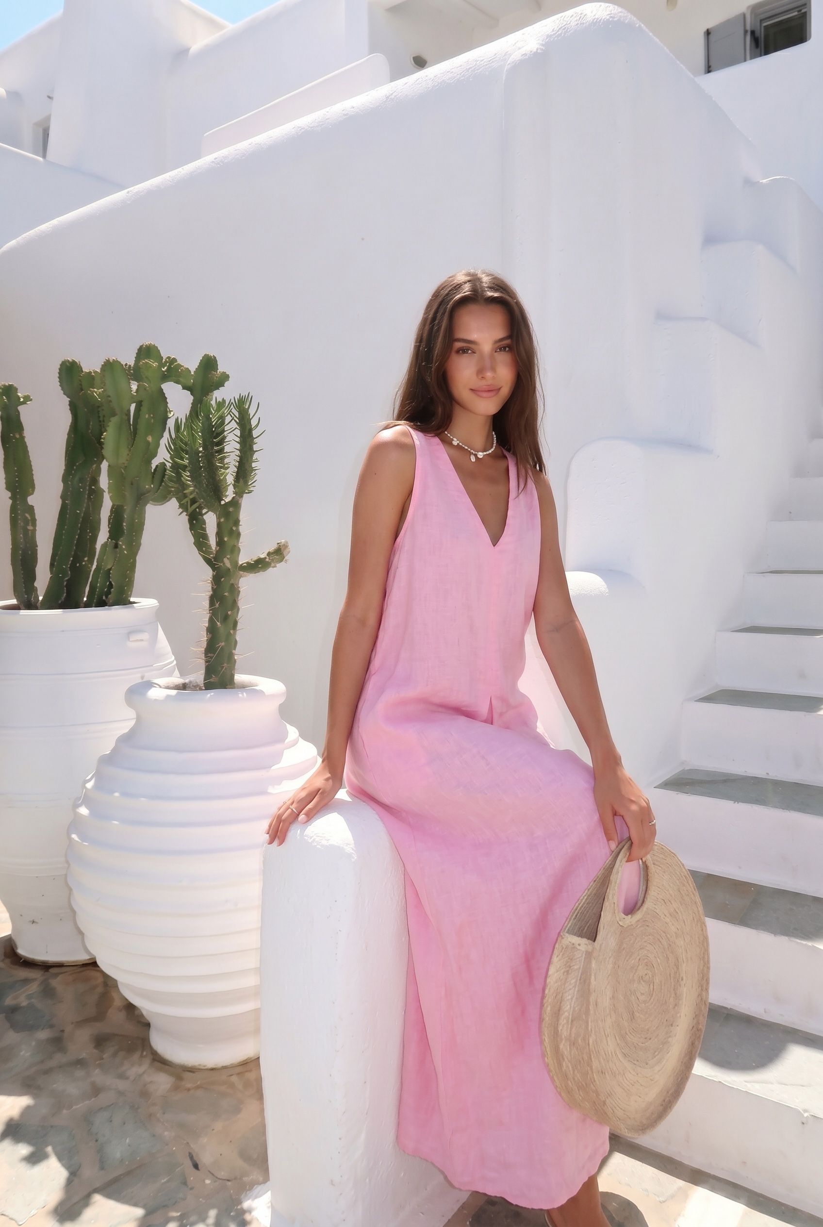 ROBE LONGUE EN LIN ROSE