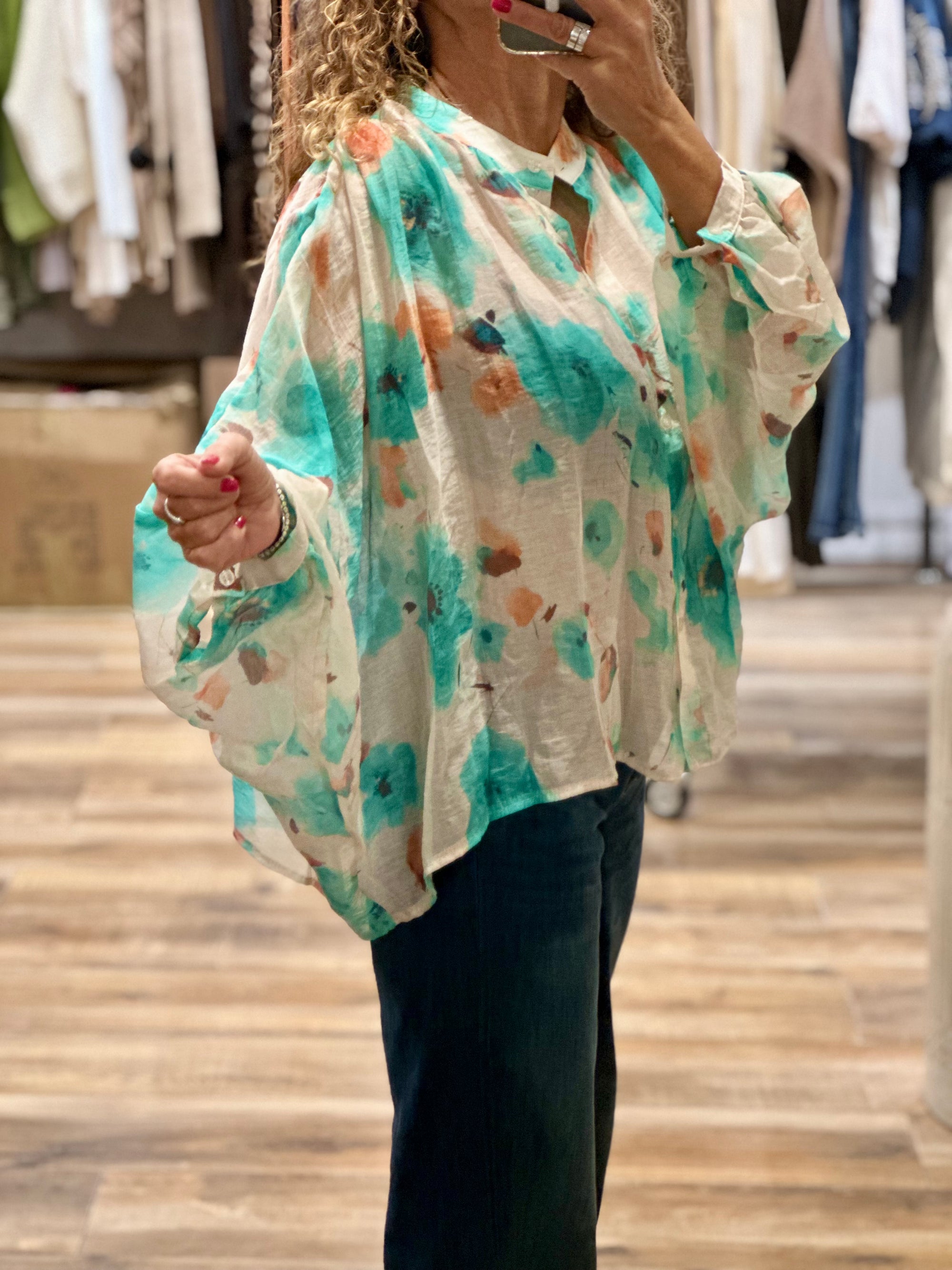 BLOUSE FLEURIE TURQUOISE