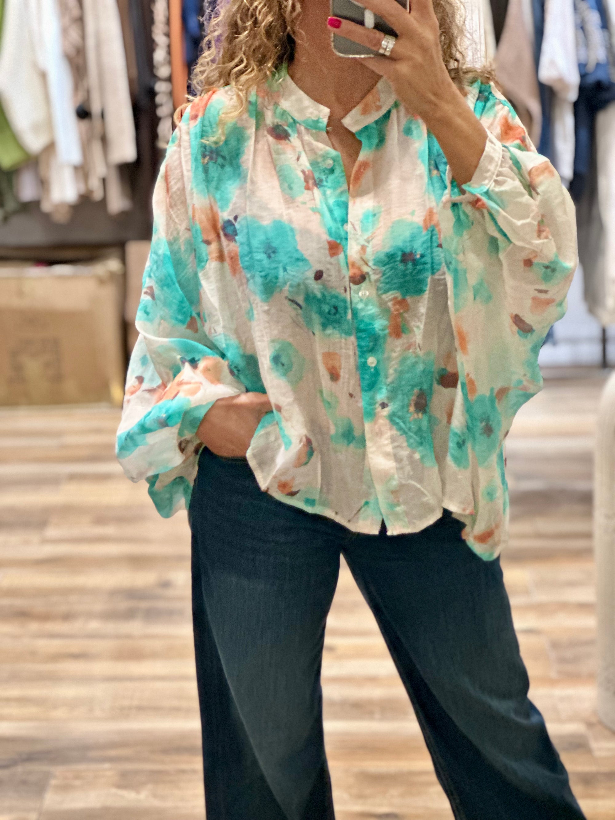 BLOUSE FLEURIE TURQUOISE