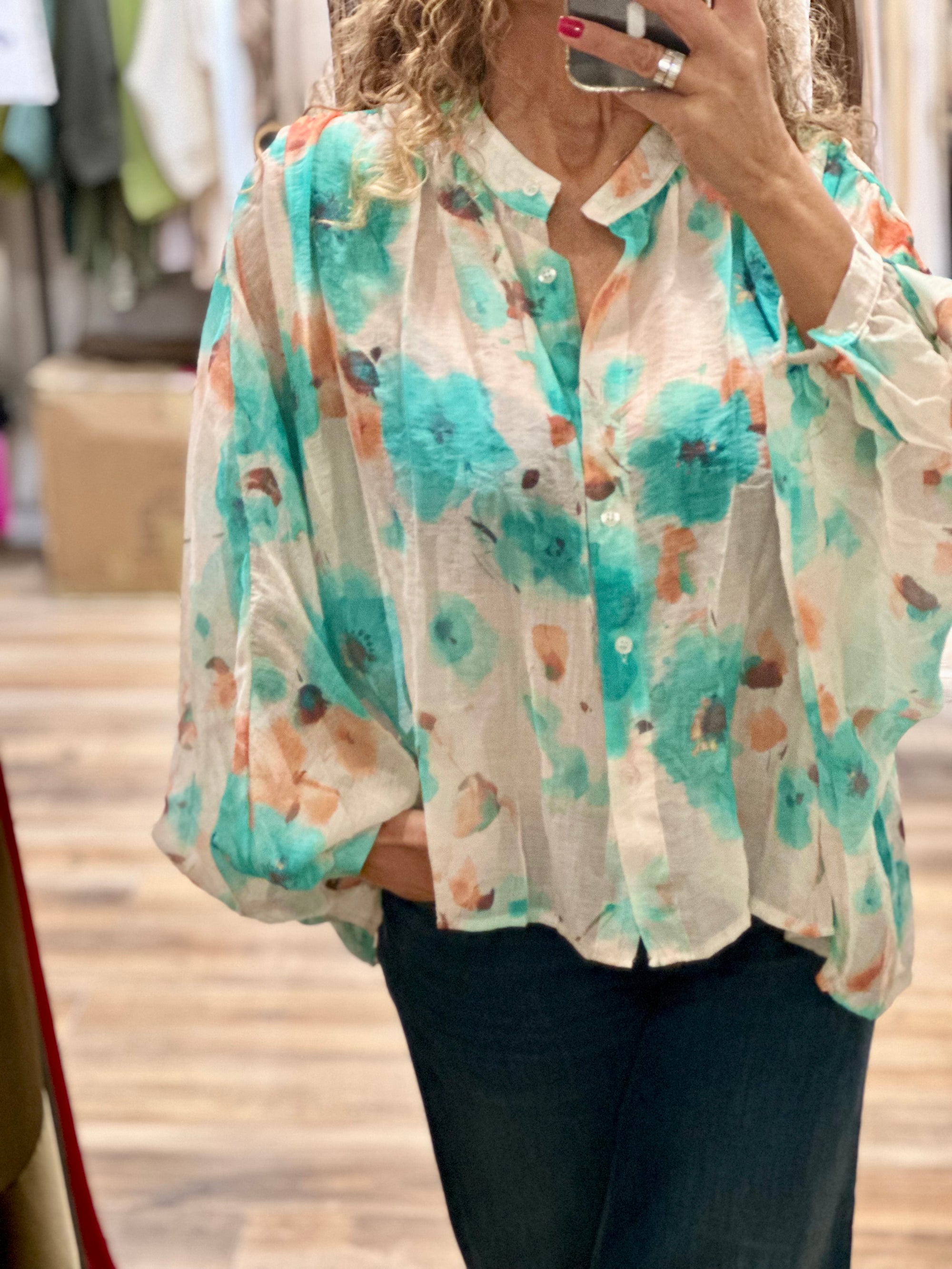 BLOUSE FLEURIE TURQUOISE