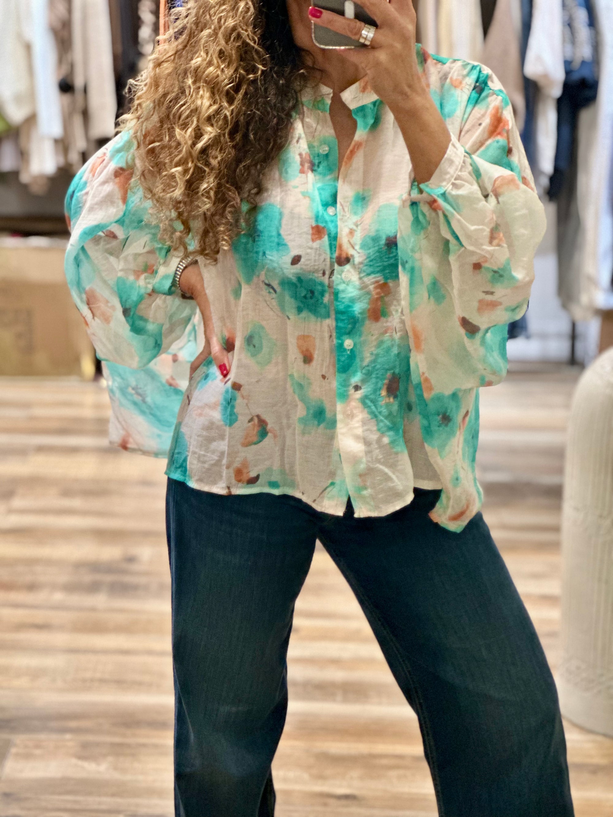 BLOUSE FLEURIE TURQUOISE