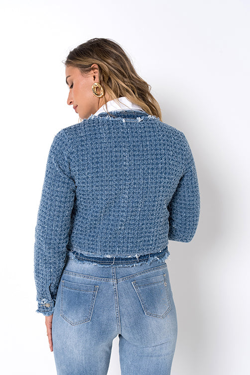 VESTE TWEED BLEU A BOUTONS BIJOUX