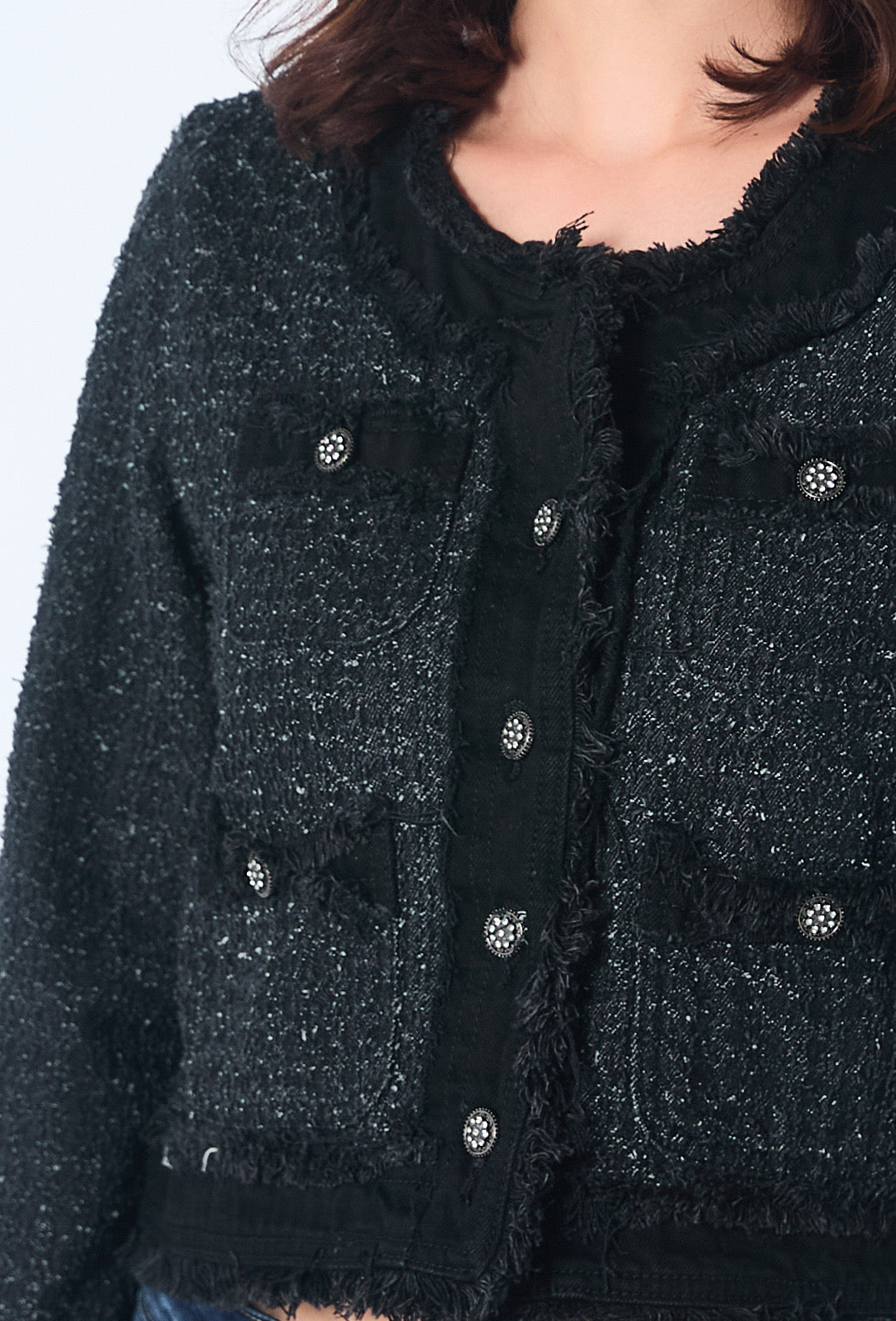 VESTE TWEED NOIRE A BOUTONS BIJOUX