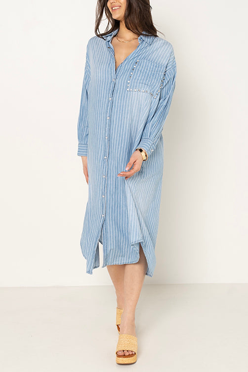 ROBE CHEMISE LONGUE RAYURES BLEU CLAIR
