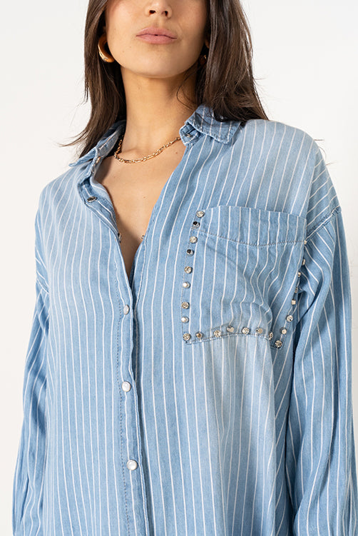 ROBE CHEMISE LONGUE RAYURES BLEU CLAIR