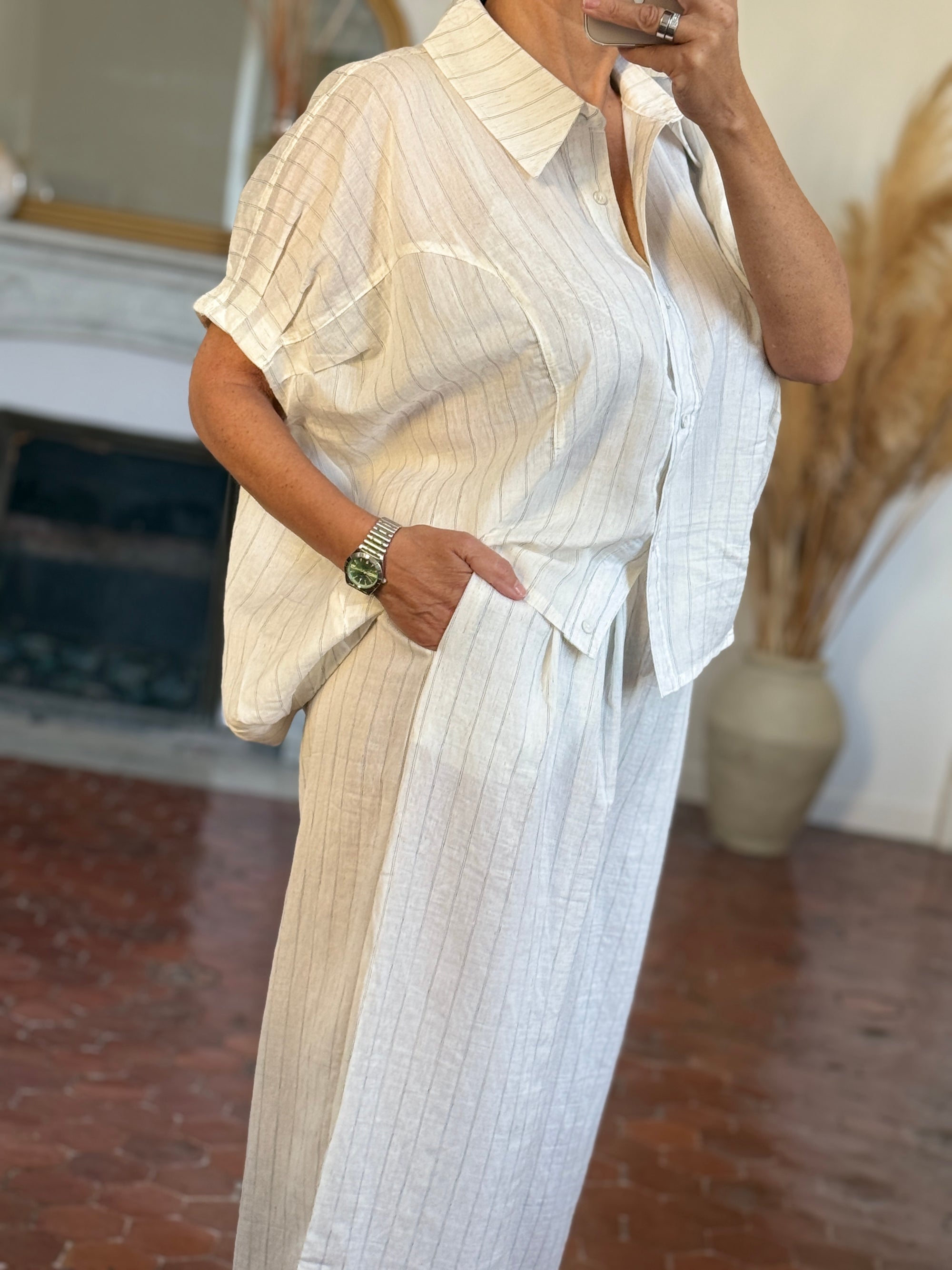 CHEMISE LARGE LIN VISCOSE ECRU RAYE