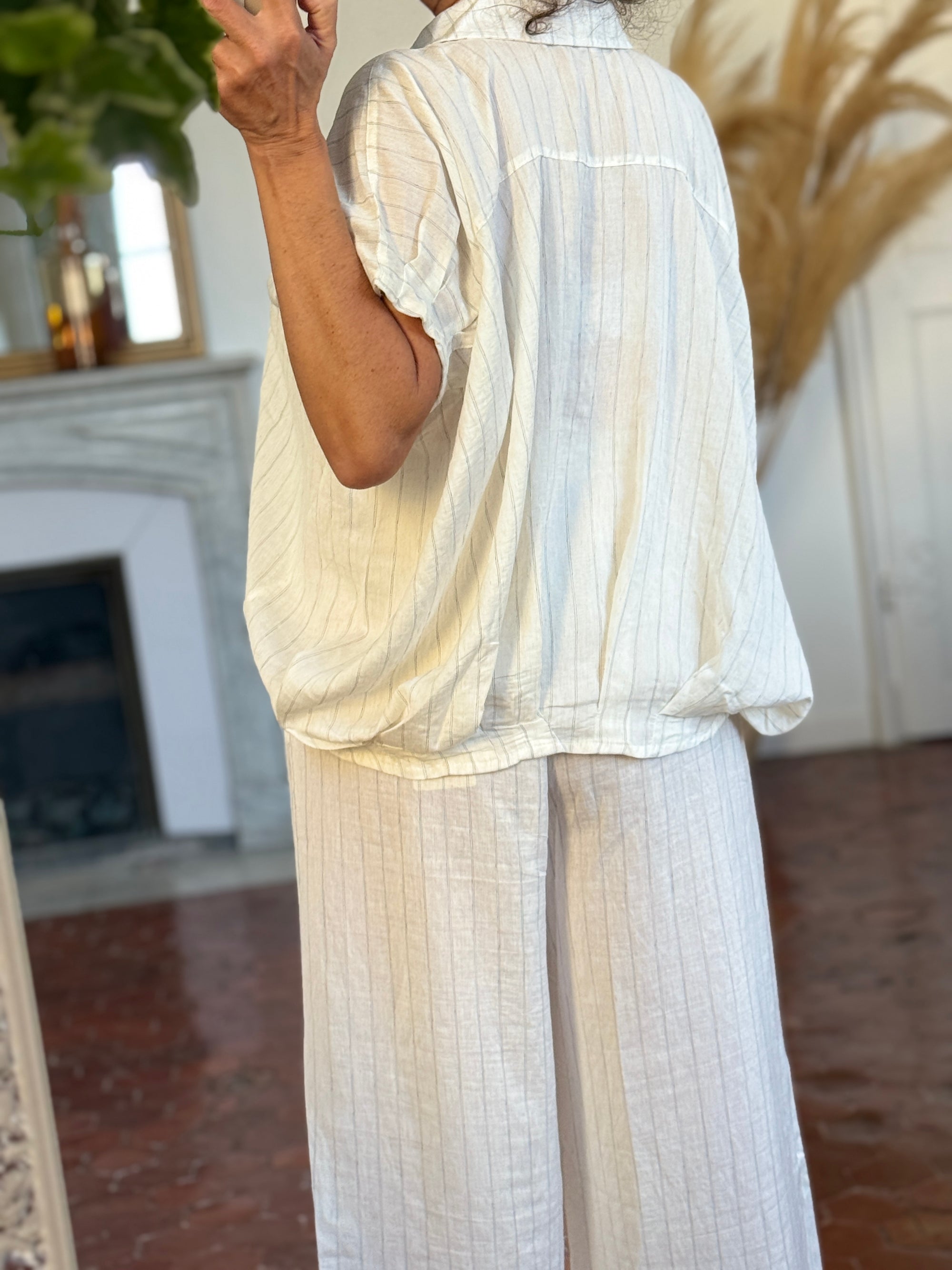 CHEMISE LARGE LIN VISCOSE ECRU RAYE
