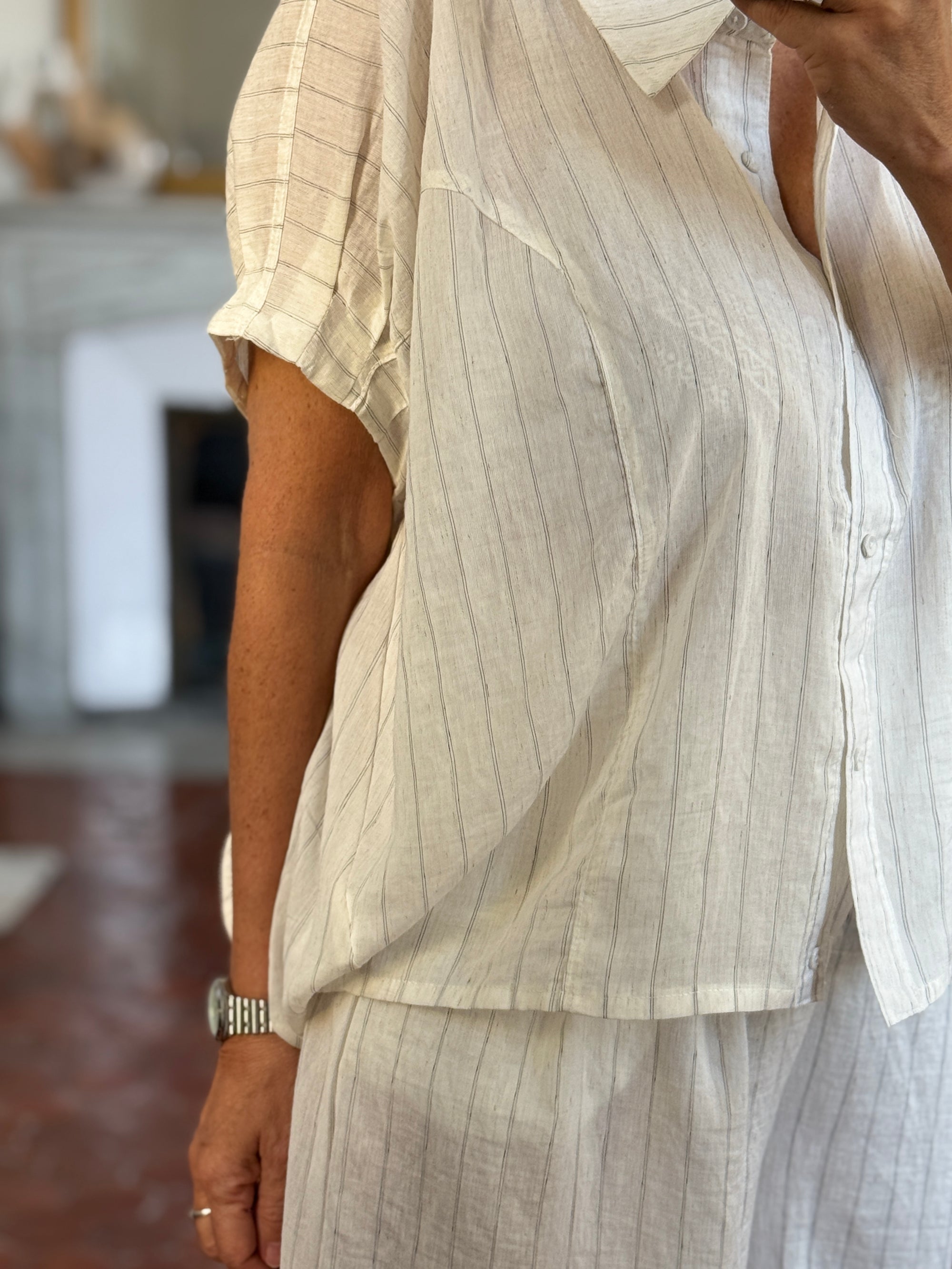 CHEMISE LARGE LIN VISCOSE ECRU RAYE