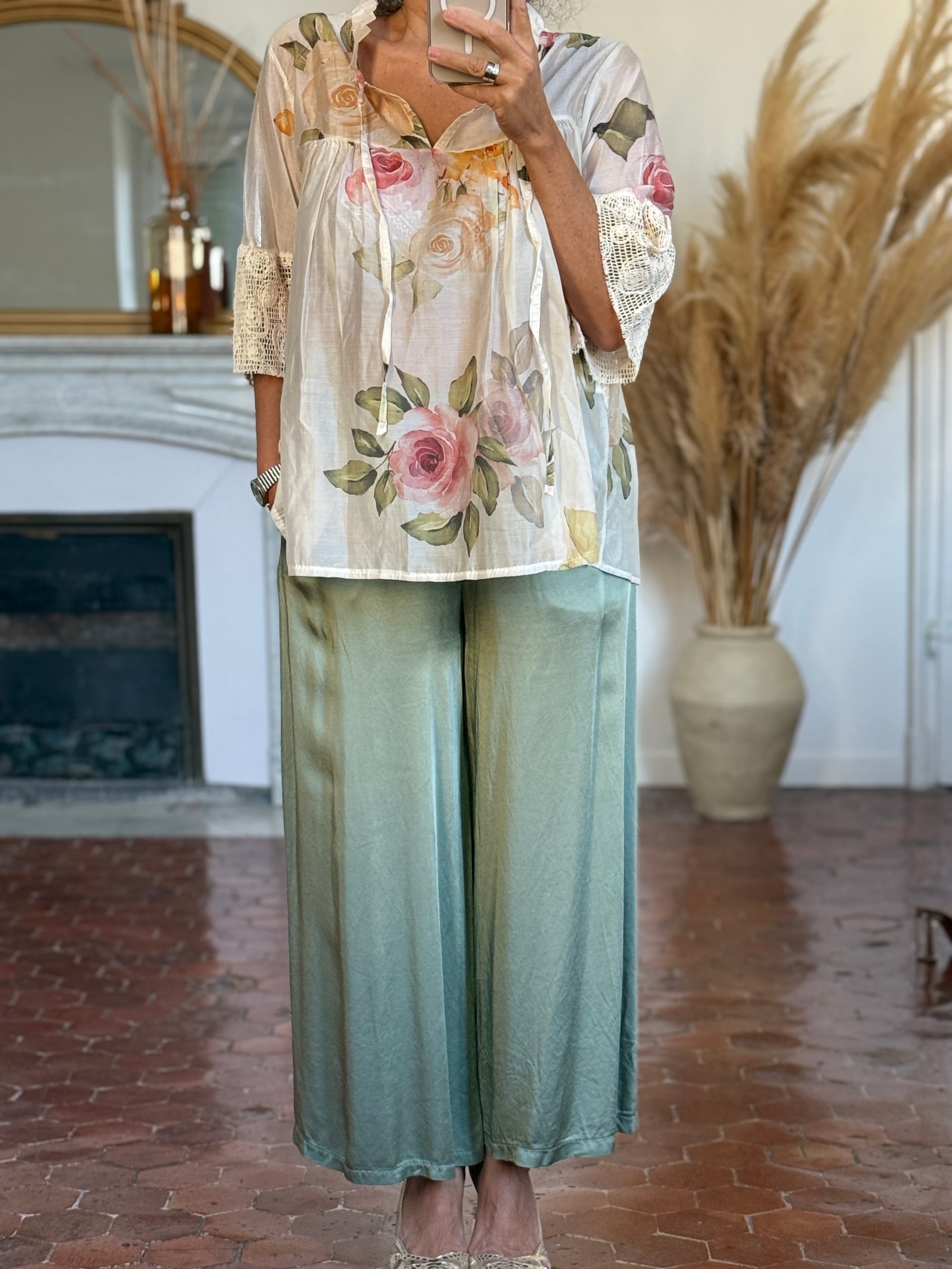 PANTALON VERT SAUGE SOIE ET VISCOSE
