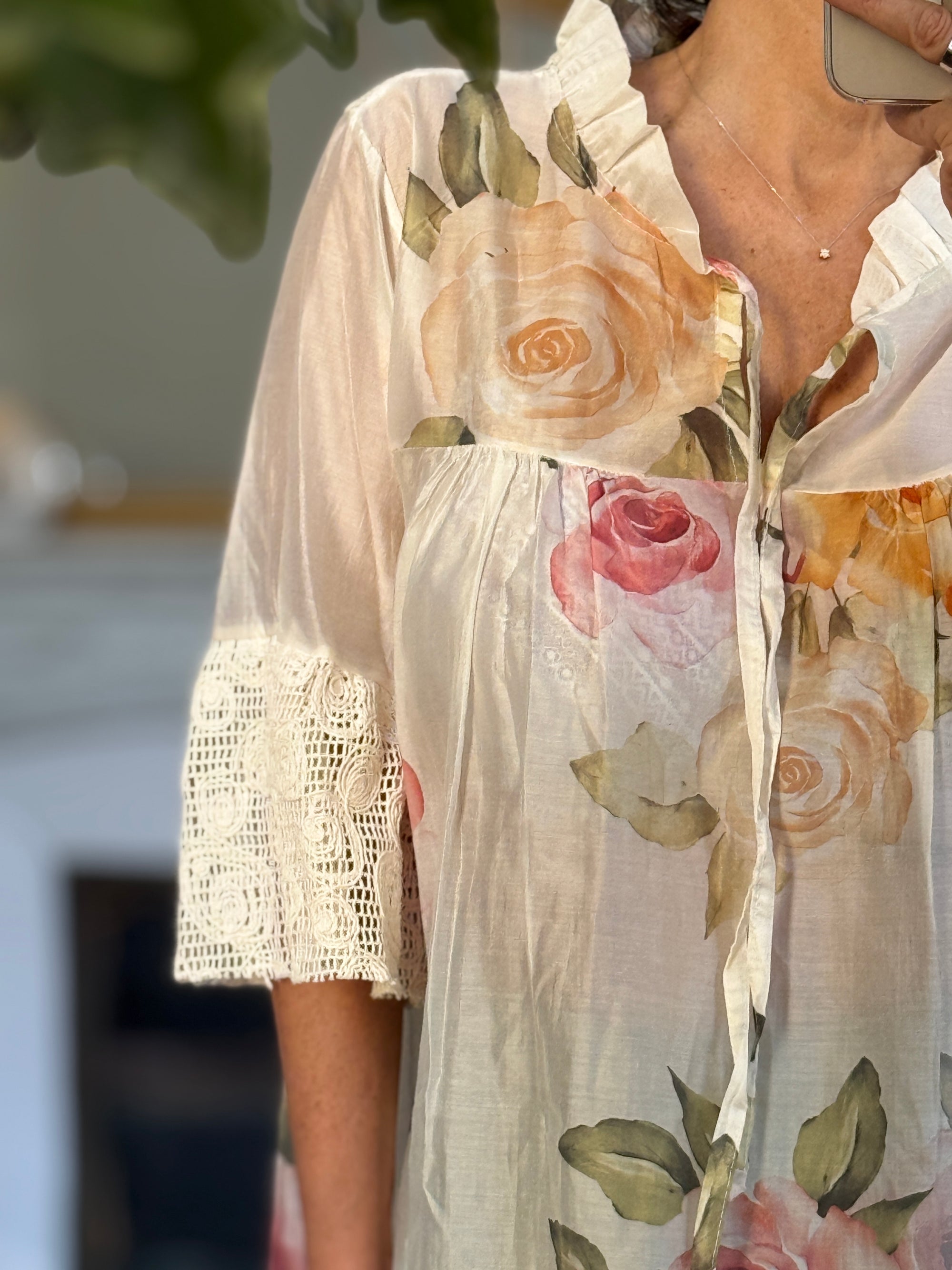 BLOUSE FLEURIE MANCHES DENTELLE CROCHET