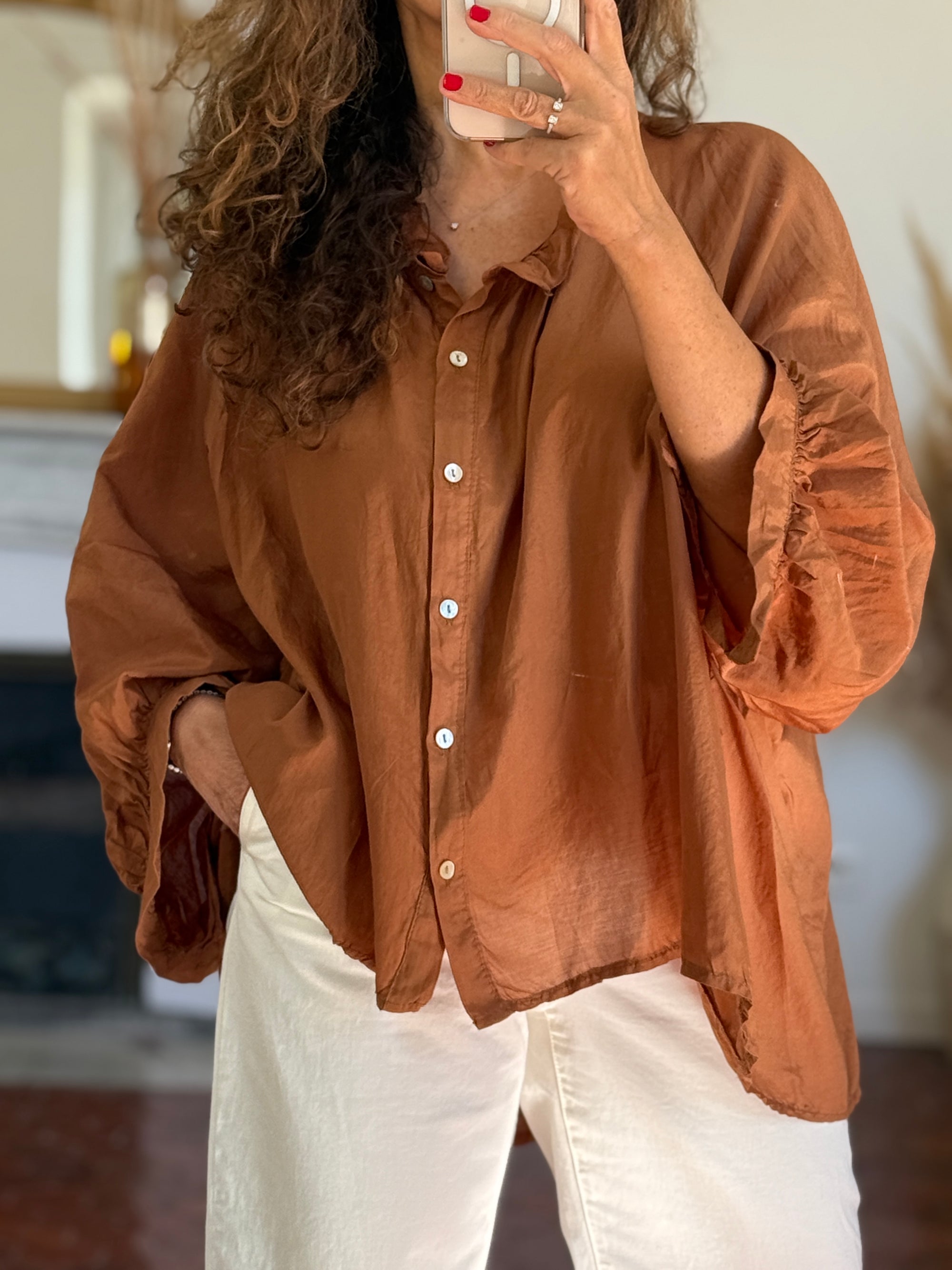 CHEMISE OVERSIZE SOIE ET COTON CAMEL