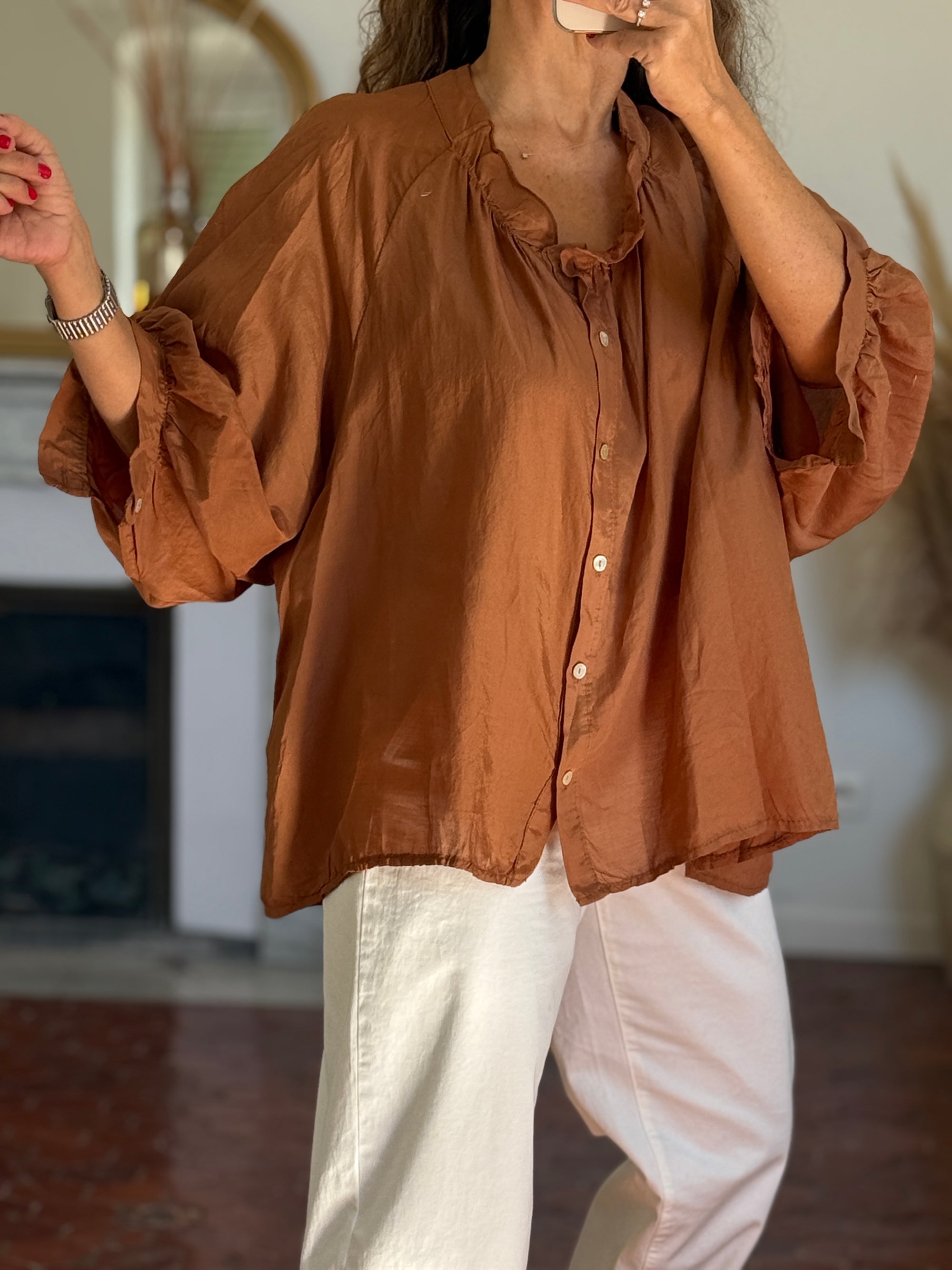 CHEMISE OVERSIZE SOIE ET COTON CAMEL