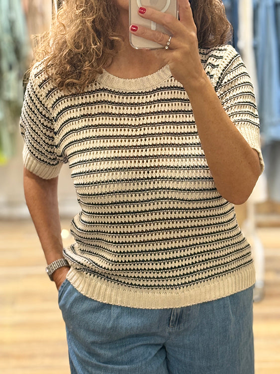 PULL MAILLE AJOURÉE ECRU ET MARINE
