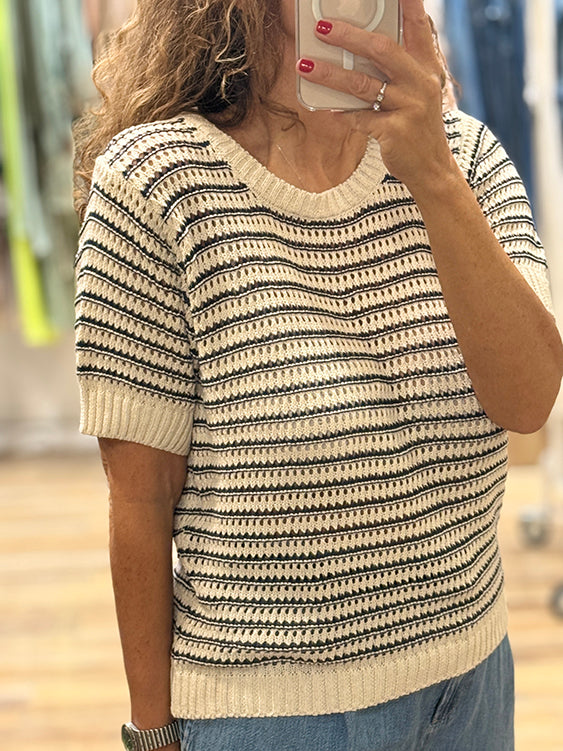 PULL MAILLE AJOURÉE ECRU ET MARINE