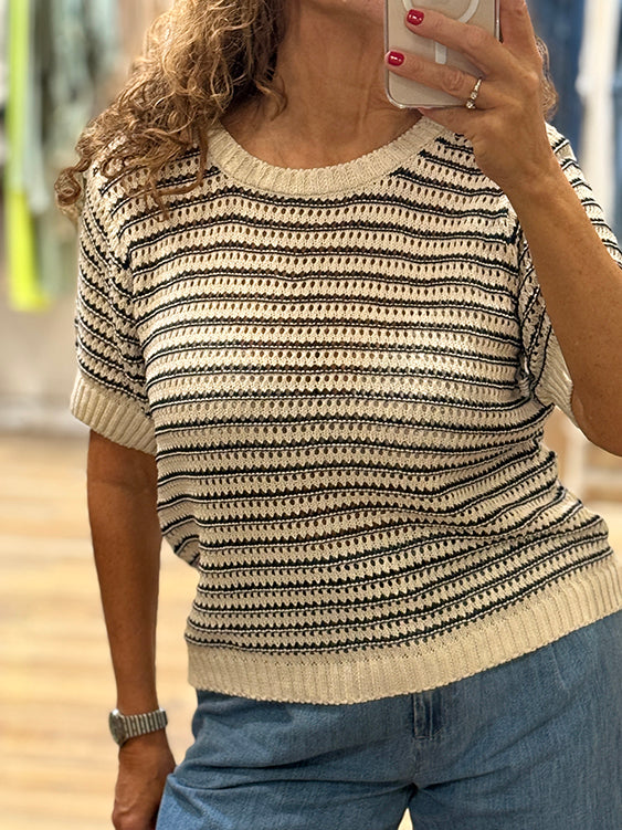 PULL MAILLE AJOURÉE ECRU ET MARINE