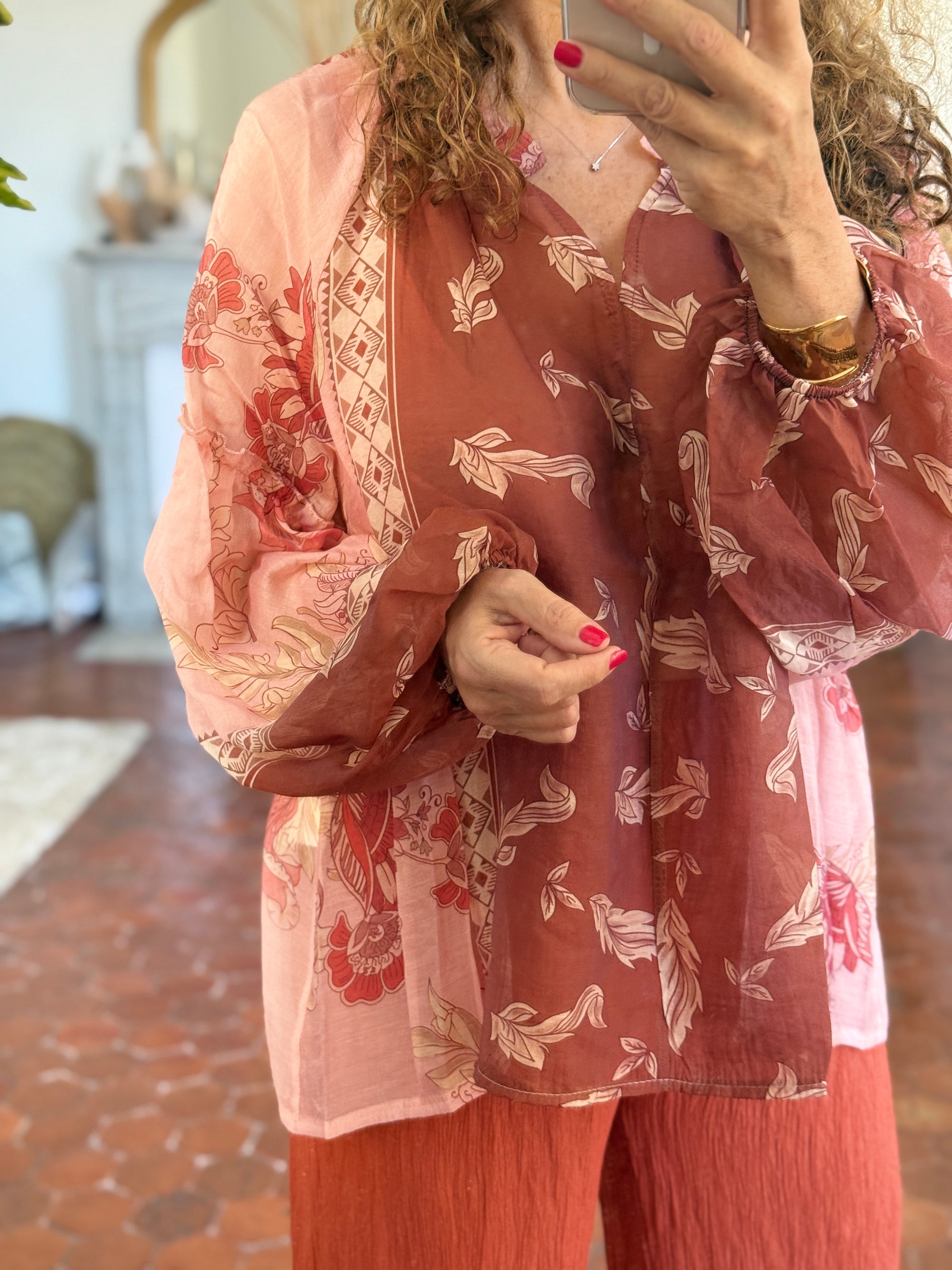 BLOUSE BOHEME SAUMON IMPRIME FLORAL