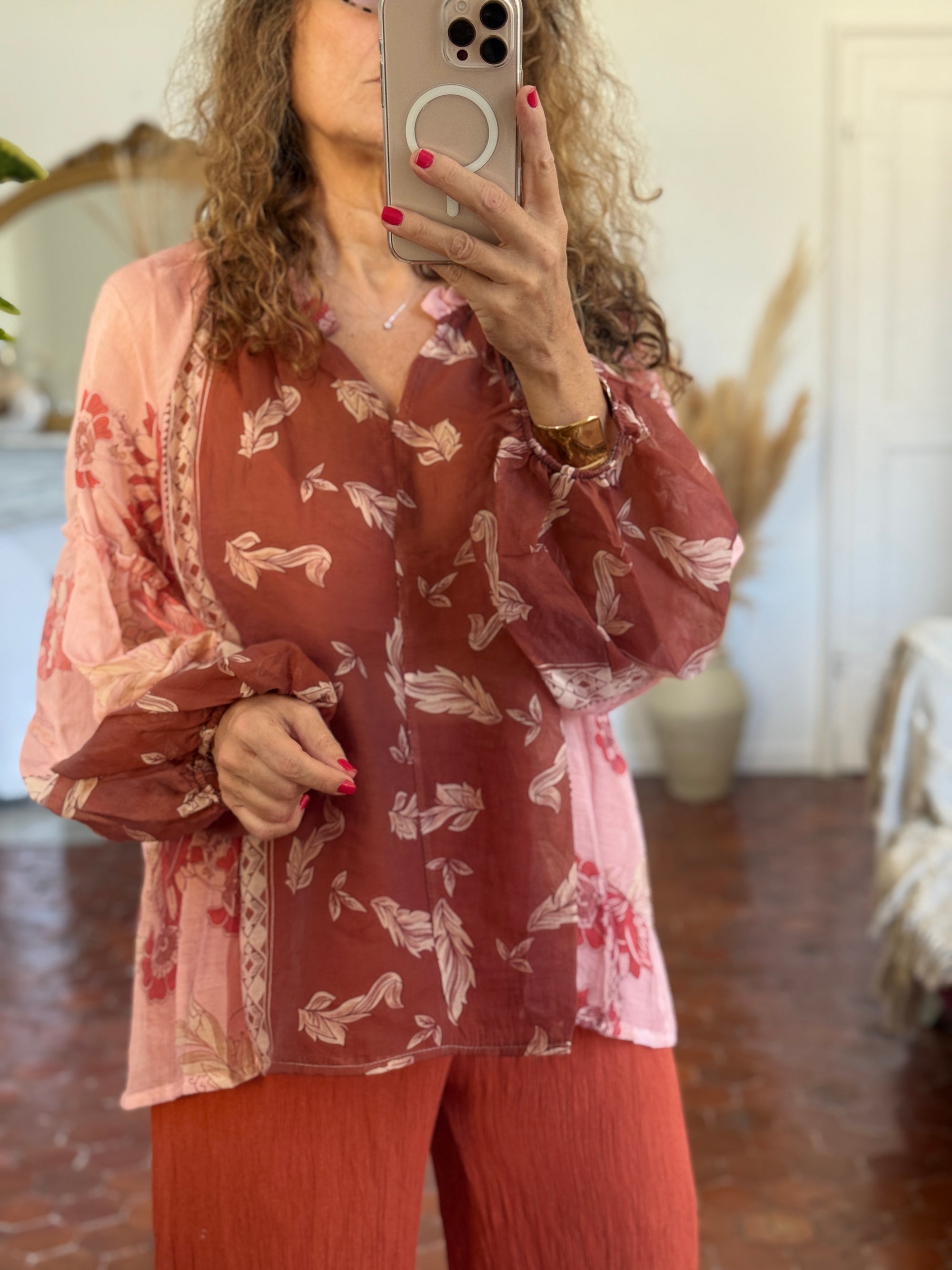 BLOUSE BOHEME SAUMON IMPRIME FLORAL