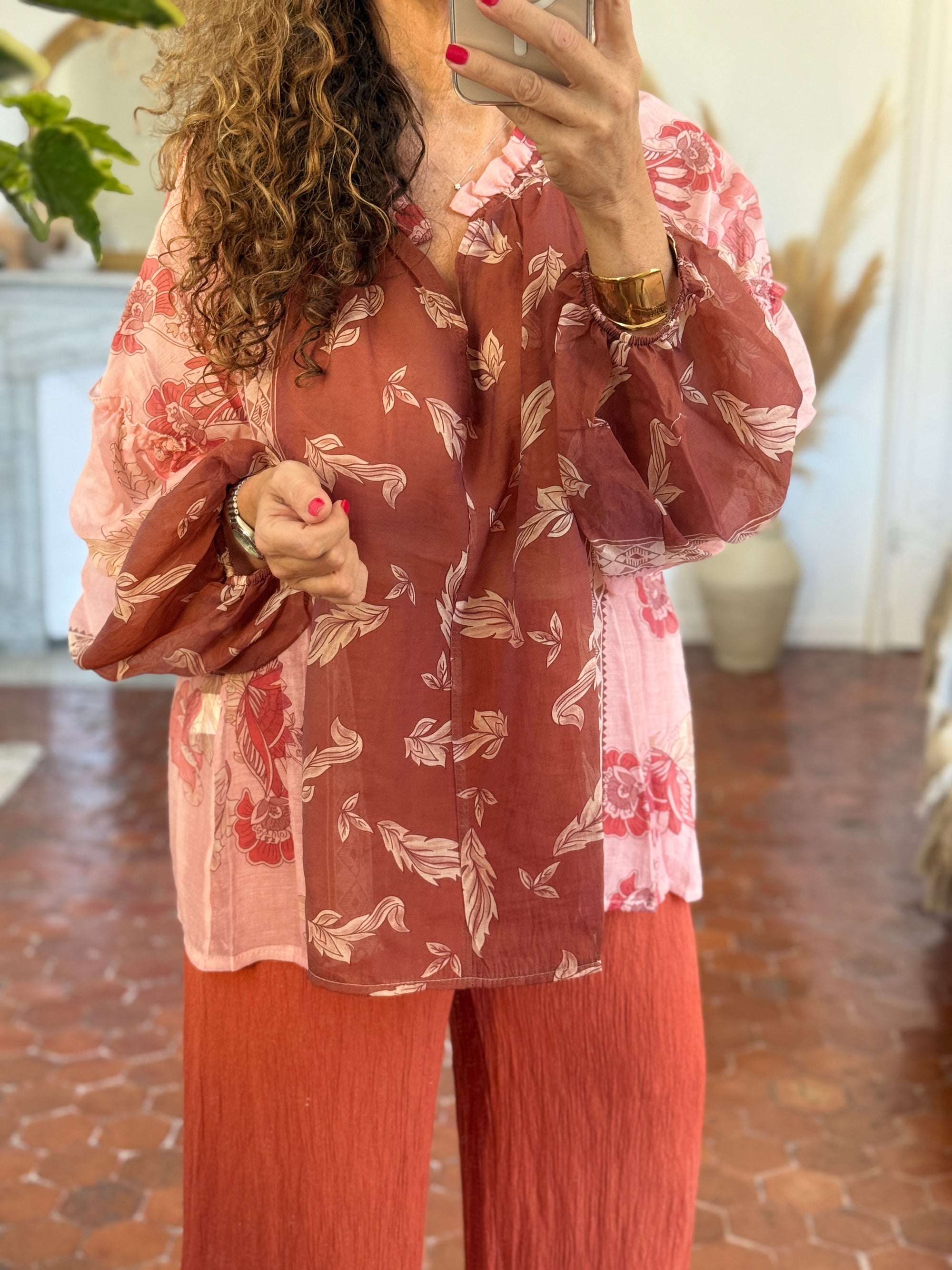 BLOUSE BOHEME SAUMON IMPRIME FLORAL