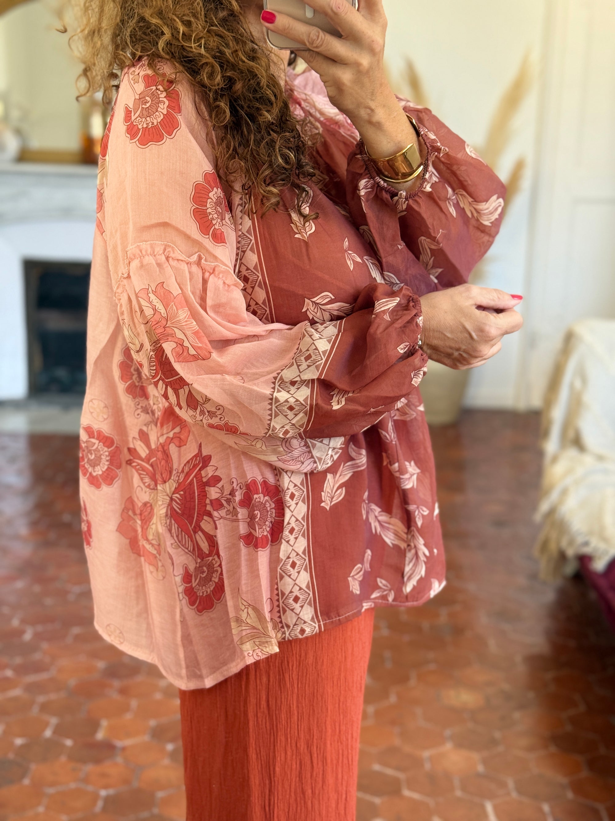 BLOUSE BOHEME SAUMON IMPRIME FLORAL