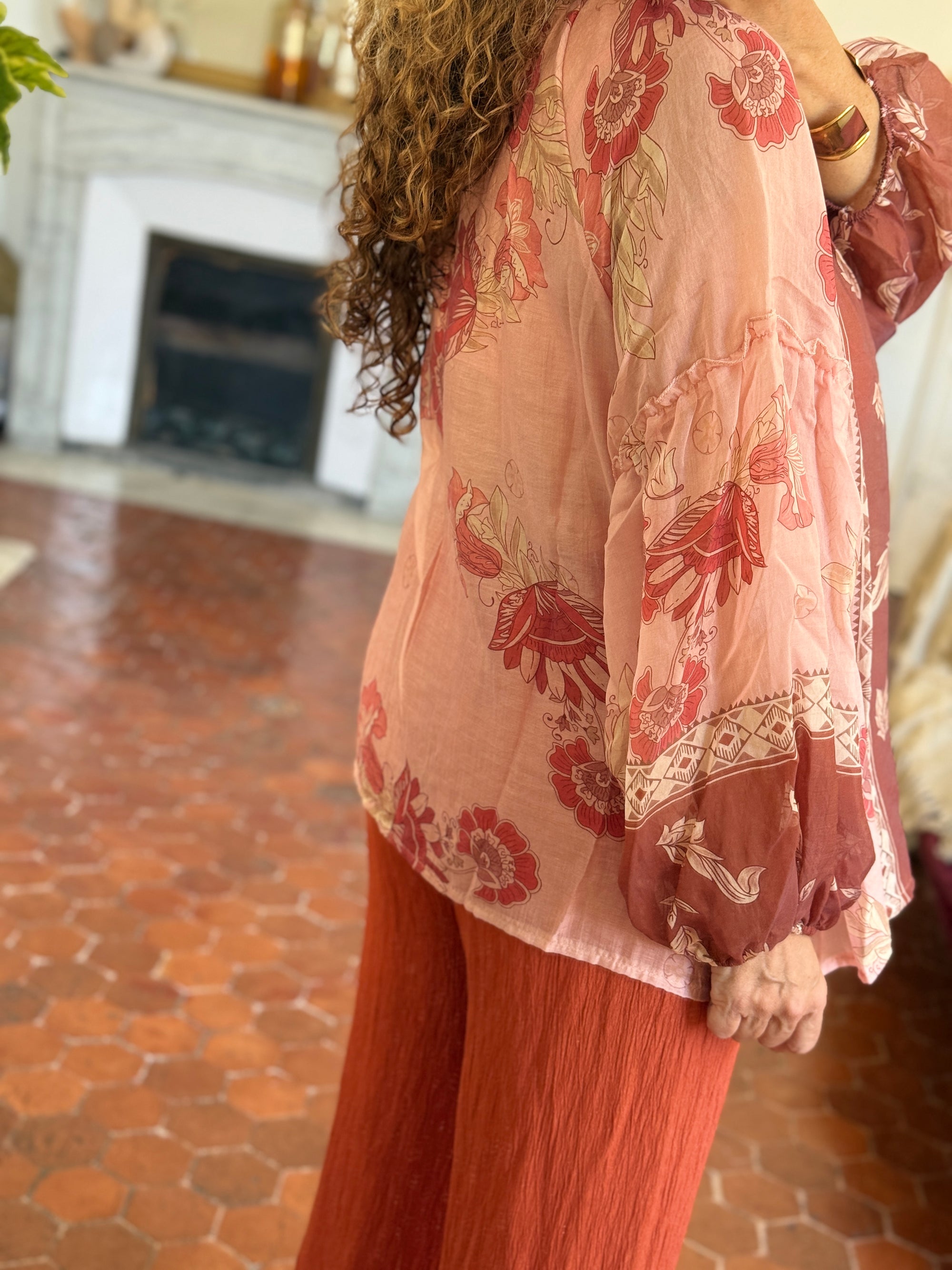 BLOUSE BOHEME SAUMON IMPRIME FLORAL