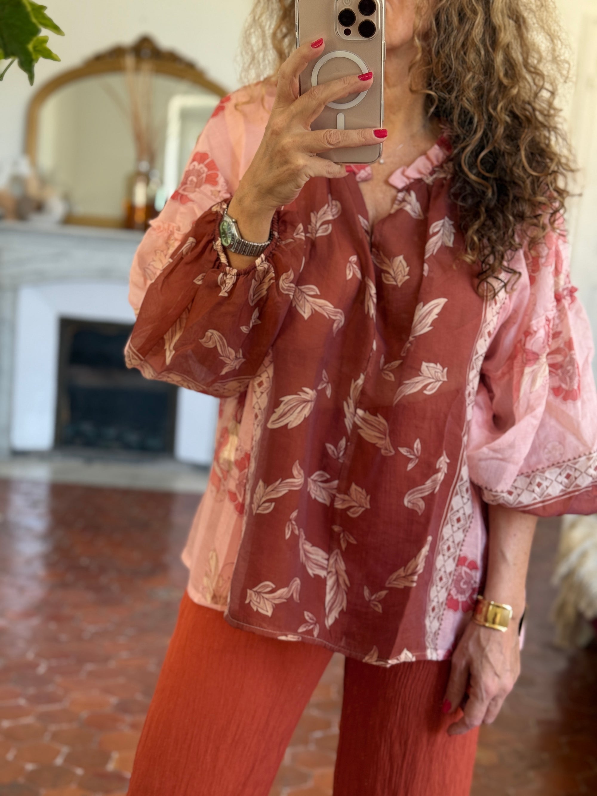 BLOUSE BOHEME SAUMON IMPRIME FLORAL