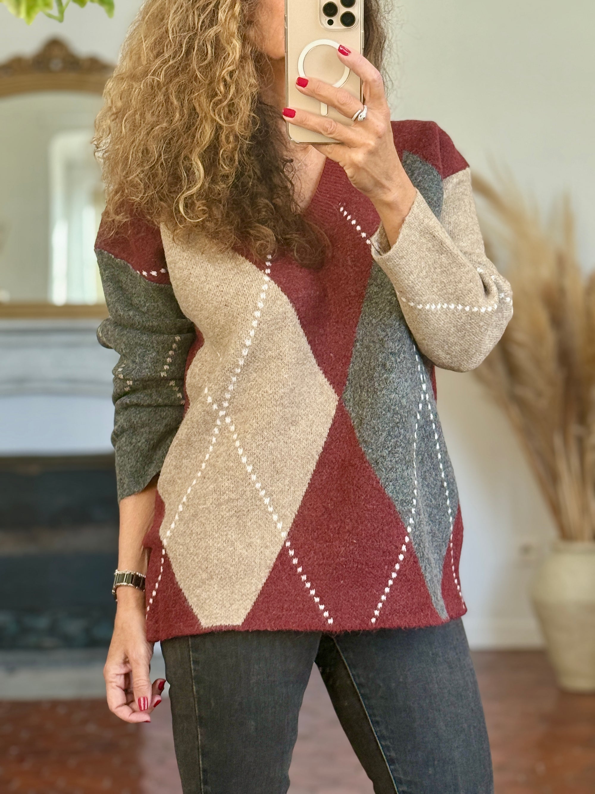 PULL OVERSIZE ARGYLE BORDEAU GRIS ET TAUPE