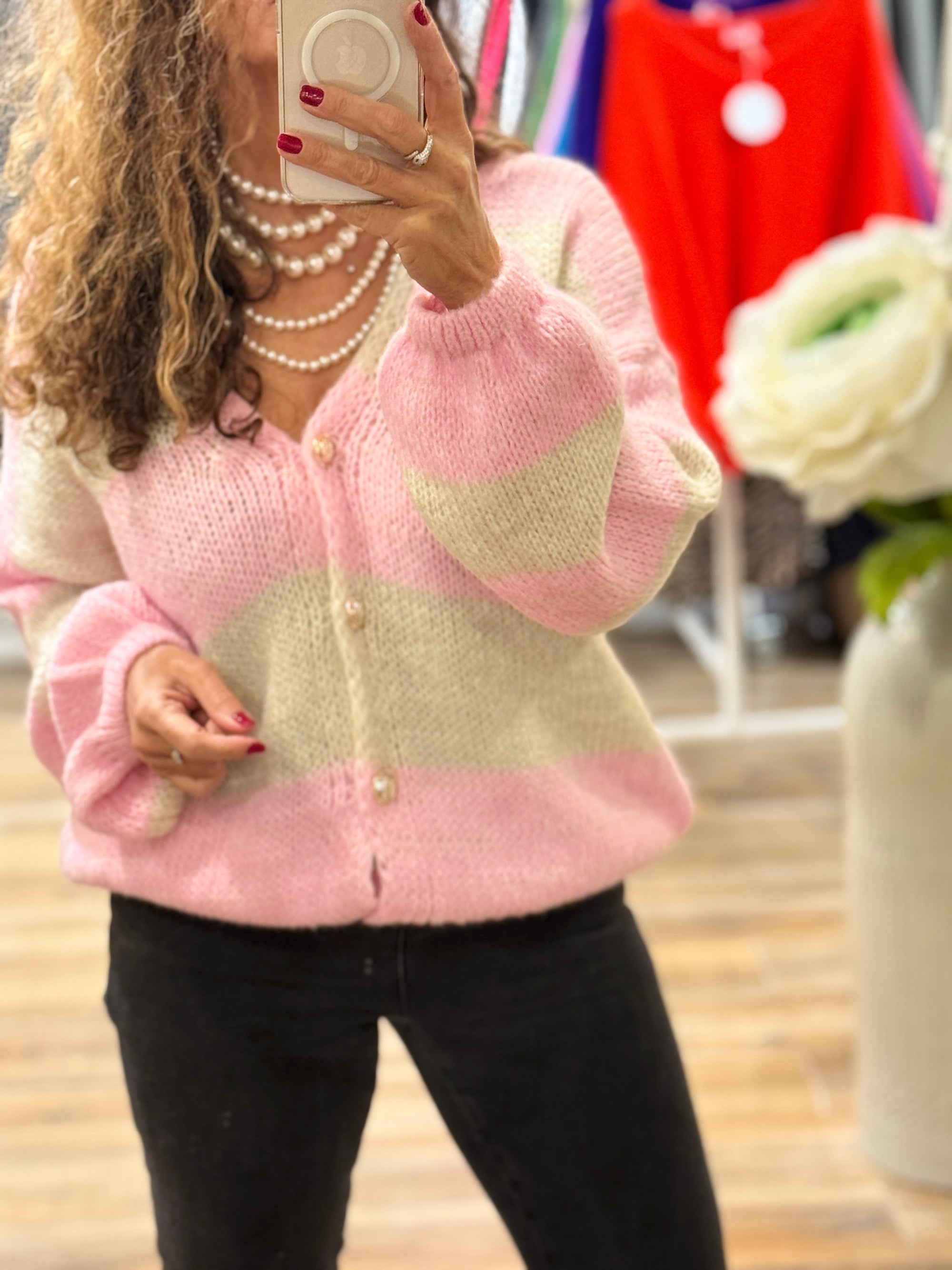 PULL/GILET ROSE ET ECRU