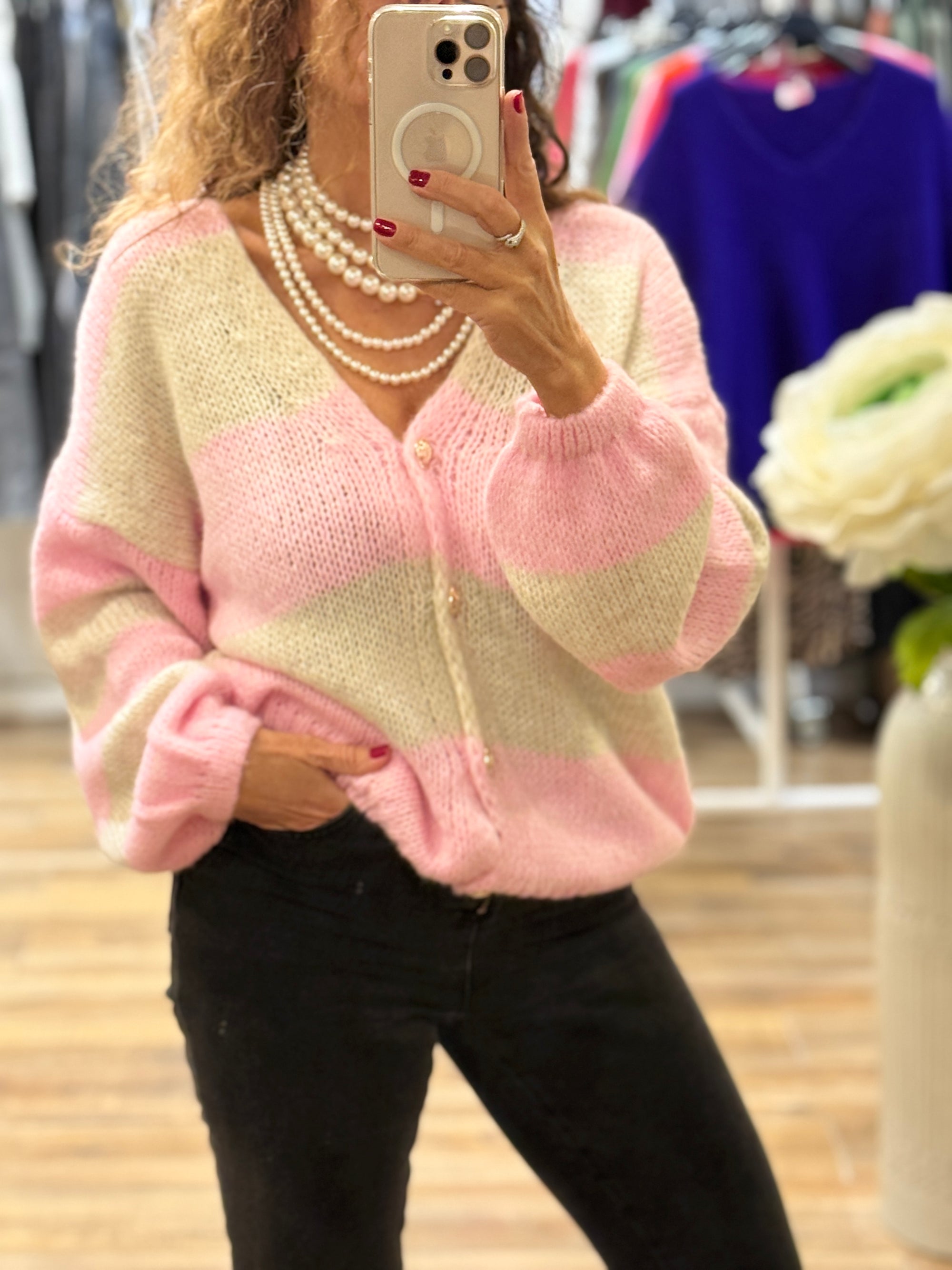 PULL/GILET ROSE ET ECRU