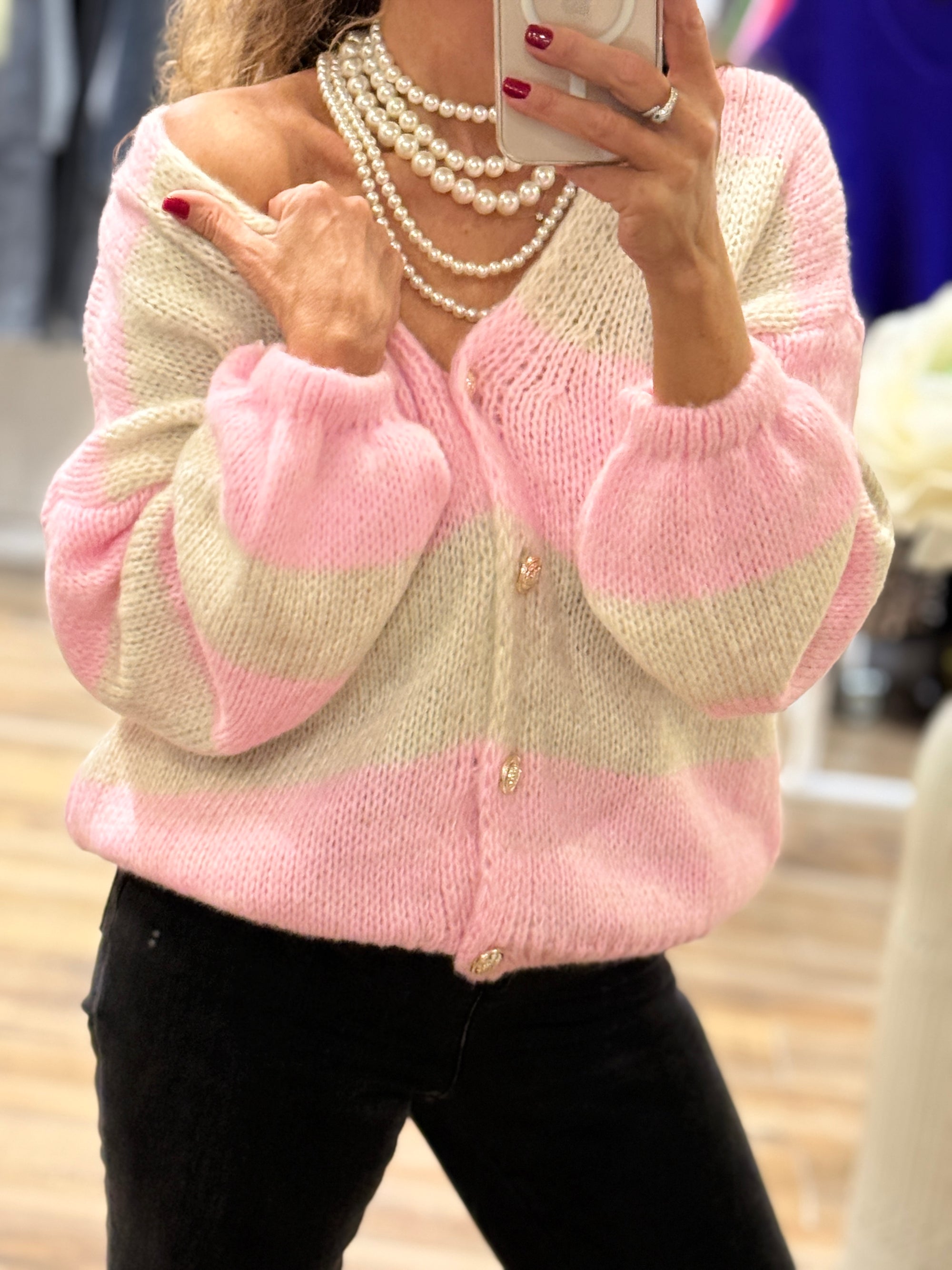 PULL/GILET ROSE ET ECRU